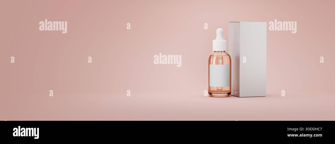 Kosmetik-Serum-Hautpflegeflasche und -Box in weichem rosa Hintergrund mit Kopierraum. Hyaluronsäure, kosmetisches organisches Serumprodukt mit Peptid und Empt Stockfoto