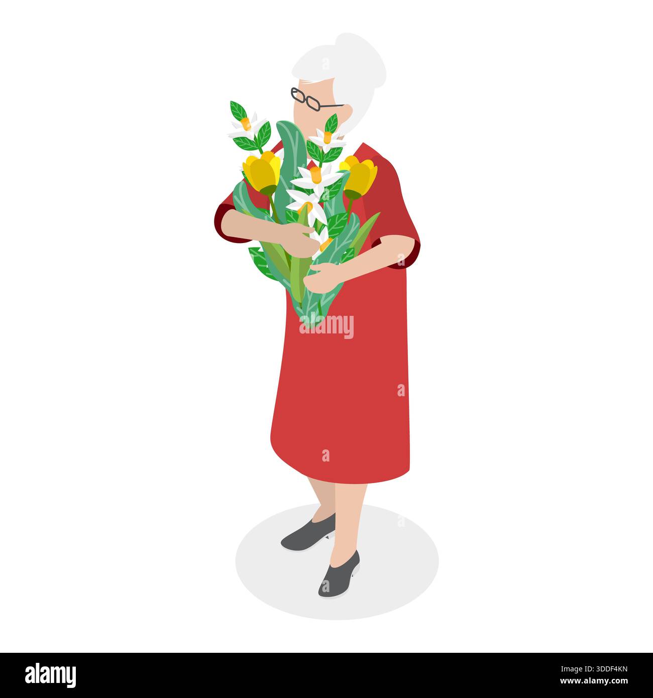 3D Isometrischer flacher Blumenstrauß, Happy Women Holding Flowers. Punkt 5 Stockfoto