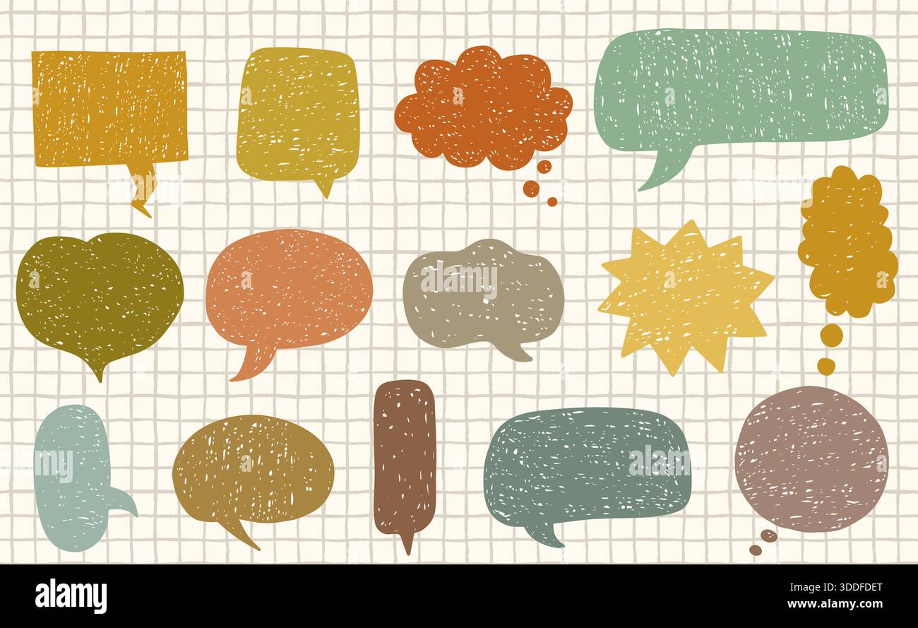 Vektor-Set mit Sprechblasen mit Doodle-Textur, leeren Comic-Labels in neutralem Herbstbraun, Senf-, Grün-, Sepia- und Ockerfarben, grafischem Design Stock Vektor