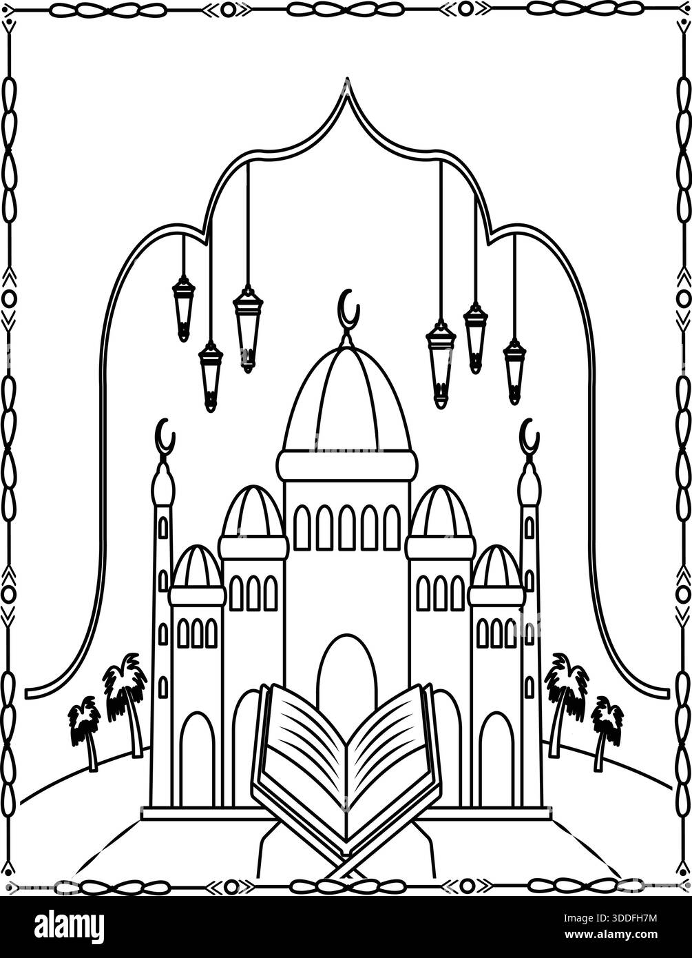 Islamische Moschee und Kunstwerk des offenen Korans. Muslimische Moschee und offene Koran-Malseite für Kinder und Erwachsene. Stock Vektor