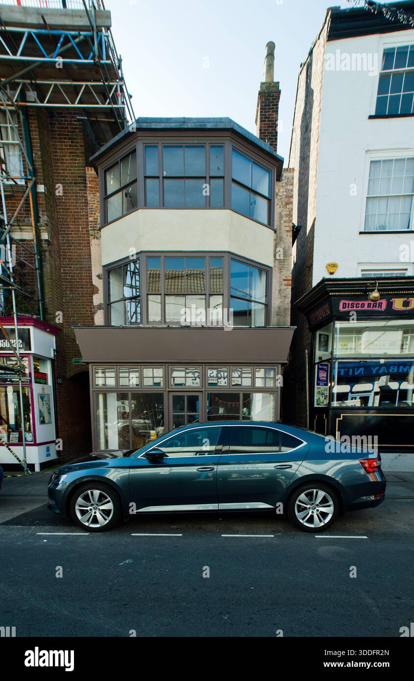 160 King Street, Great Yarmouth ist ein denkmalgeschütztes Gebäude aus dem 17. Jahrhundert. Es ist das einzige erhaltene Exemplar eines Fachwerkgebäudes im Stadtgebiet und wurde vom Great Yarmouth Preservation Trust saniert. Stockfoto