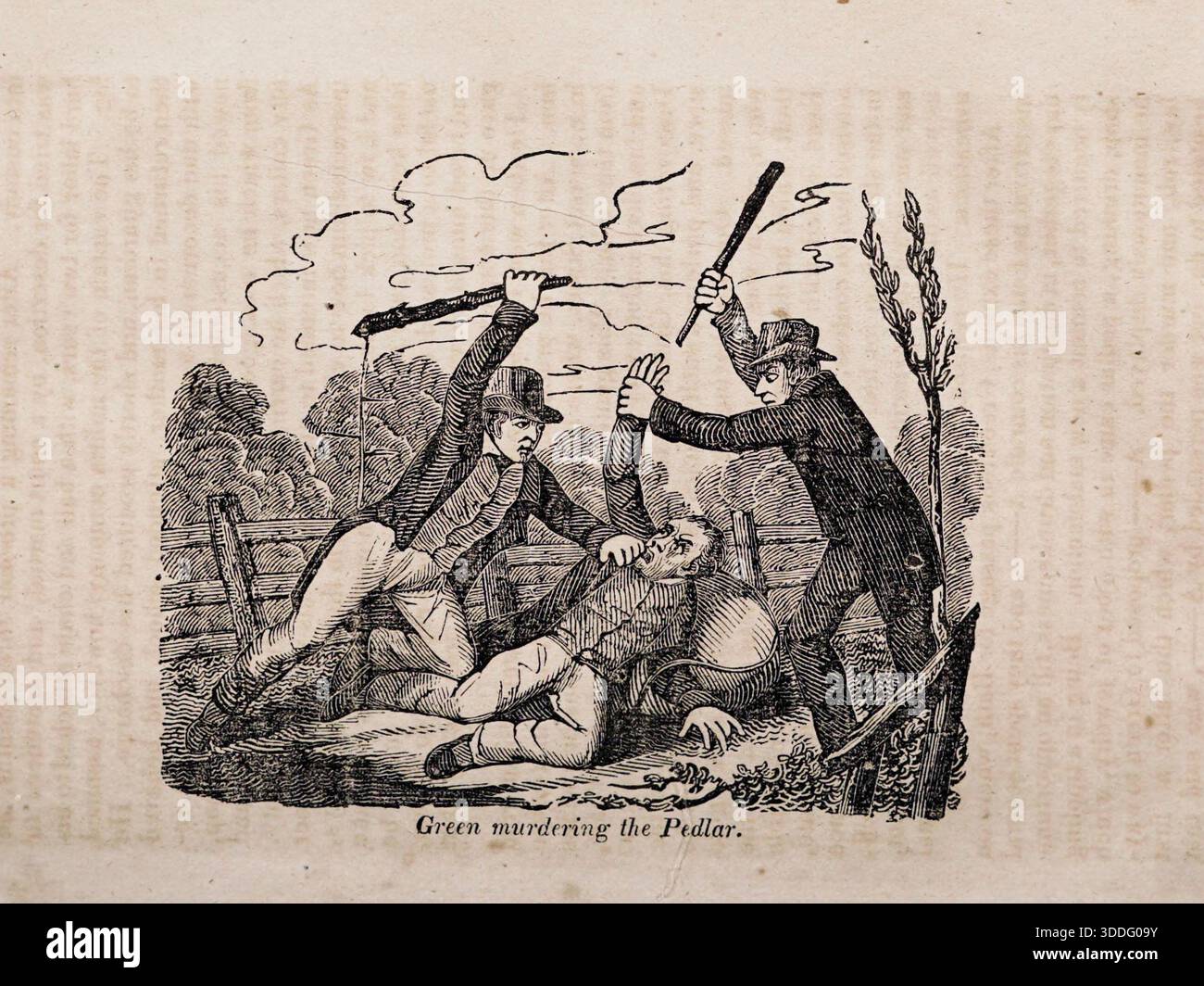 Samuel Green ermordet das Pedlar, 1820er Jahre Archiv Illustration Radiching of Crime in the US 1832, aus dem US-Kriminalkalender. Stockfoto
