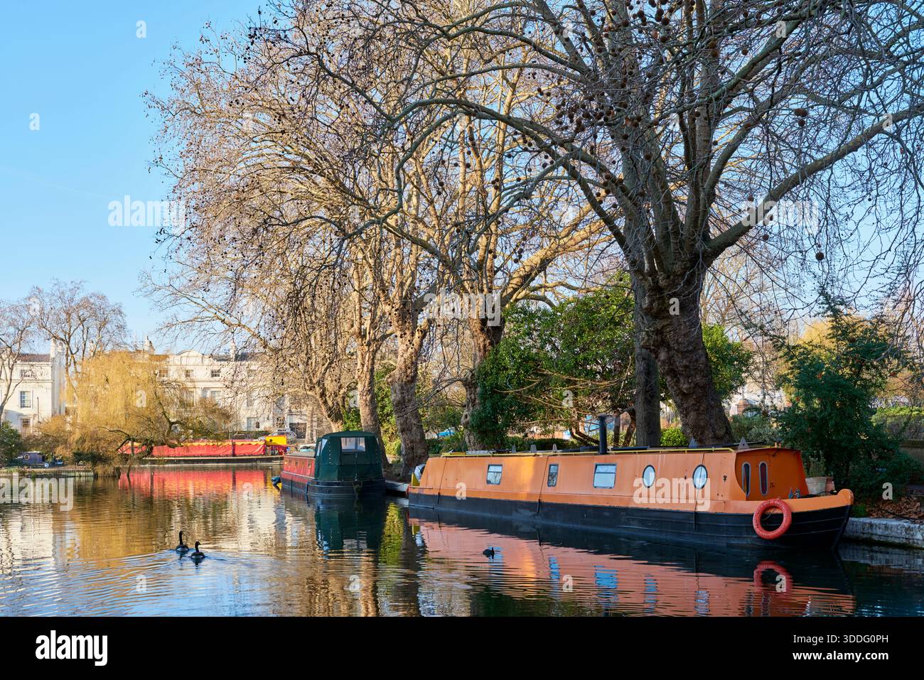 Little Venice, London, Großbritannien, im Winter, mit Bäumen und Schmalbooten Stockfoto