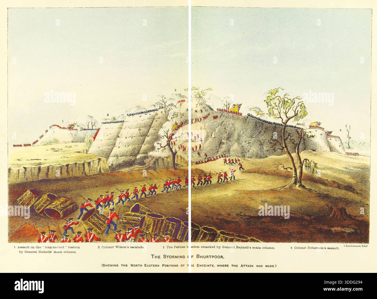 Der Sturm von Bhurtpoor im Januar 1826. Zeigt die nordöstlichen Teile der Ringmauer, wo der Angriff erfolgte. 1886. Stockfoto