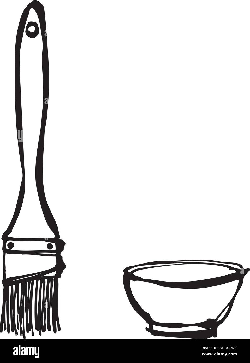 Ein schmaler Pinsel, der aufrecht neben einem kleinen runden Mischbecher dargestellt wird, bereit für Detailarbeiten. Stock Vektor