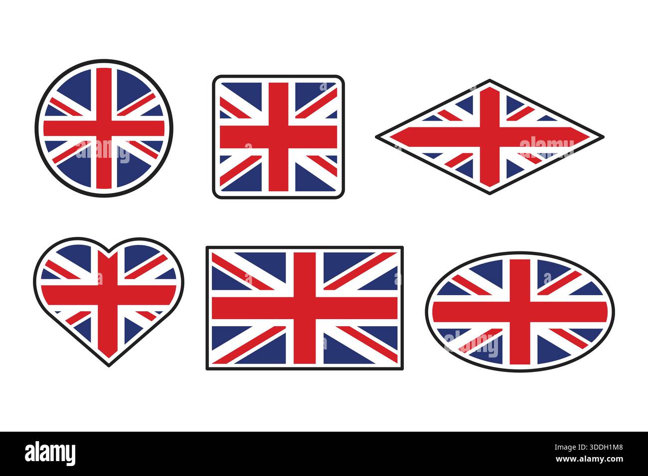 Sechs verschiedene Flaggendesigns des Vereinigten Königreichs, die den ikonischen Union Jack in verschiedenen geometrischen und symbolischen Formen zeigen Stock Vektor
