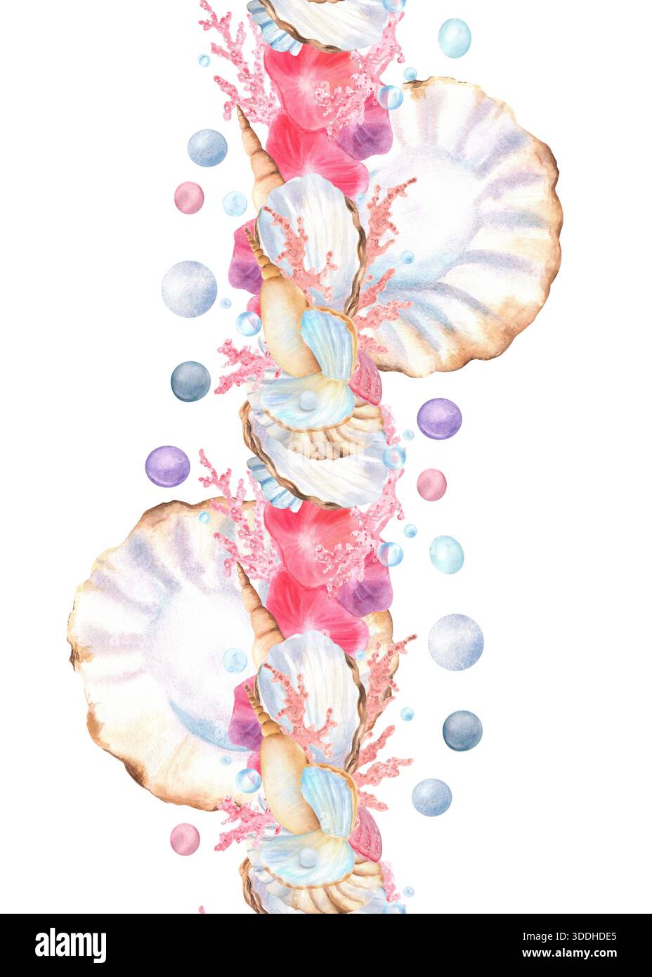 Vertikale nahtlose Grenze von offenen Muscheln mit Perlmutt, rosa Korallen, bunten Perlen, Muscheln. Unterwasser-Clipart. Handgezeichnetes Aquarell Stockfoto