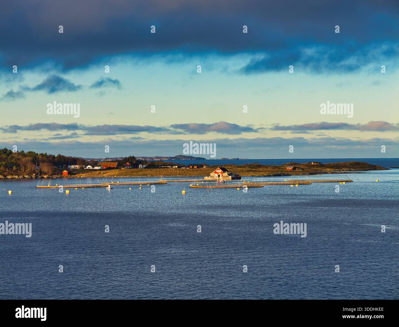 Küste, Norwegen - 24. November 2025: Lachsfischfarm mit schwimmenden Buchten und Bojen an der Küste Norwegens, beleuchtet von niedriger Wintersonne unter dramatischen Wolken über ruhigem Wasser. Stockfoto