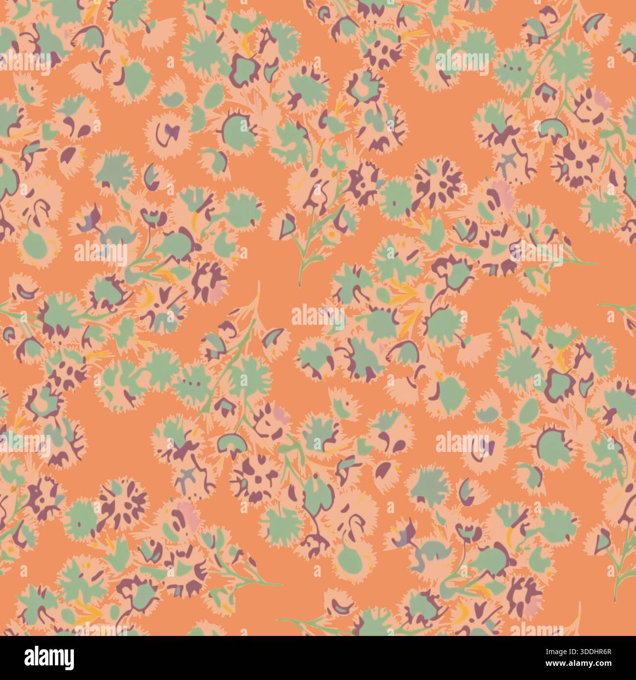 Nahtloses Blumenmuster mit stilisierten Blumen und Blättern in Grün, Rosa, Lila auf orangem Hintergrund. Lebendige Komposition, ideal für Textilien und Tapeten Stockfoto