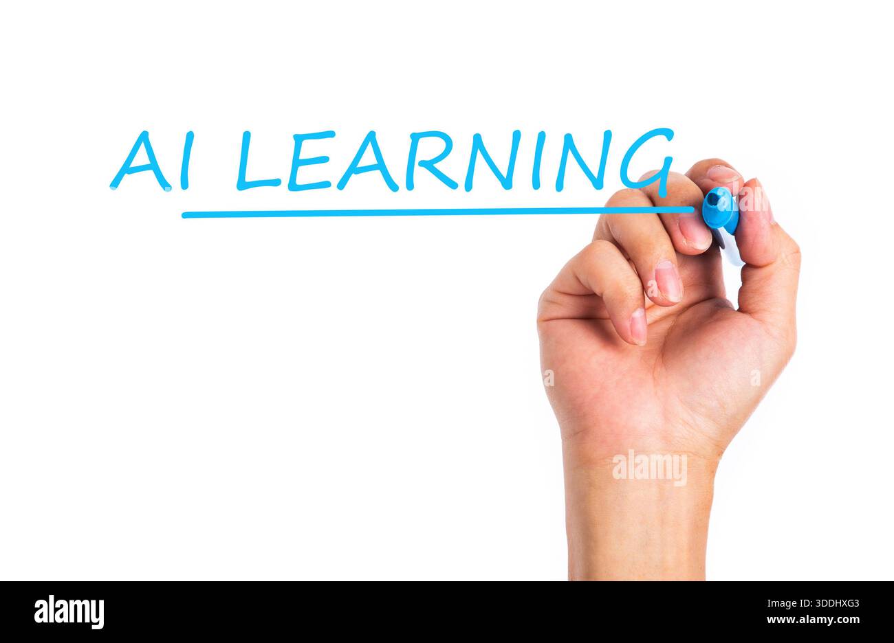 Handschreiben Ai Learning mit einem blauen Marker auf einer transparenten Oberfläche Stockfoto
