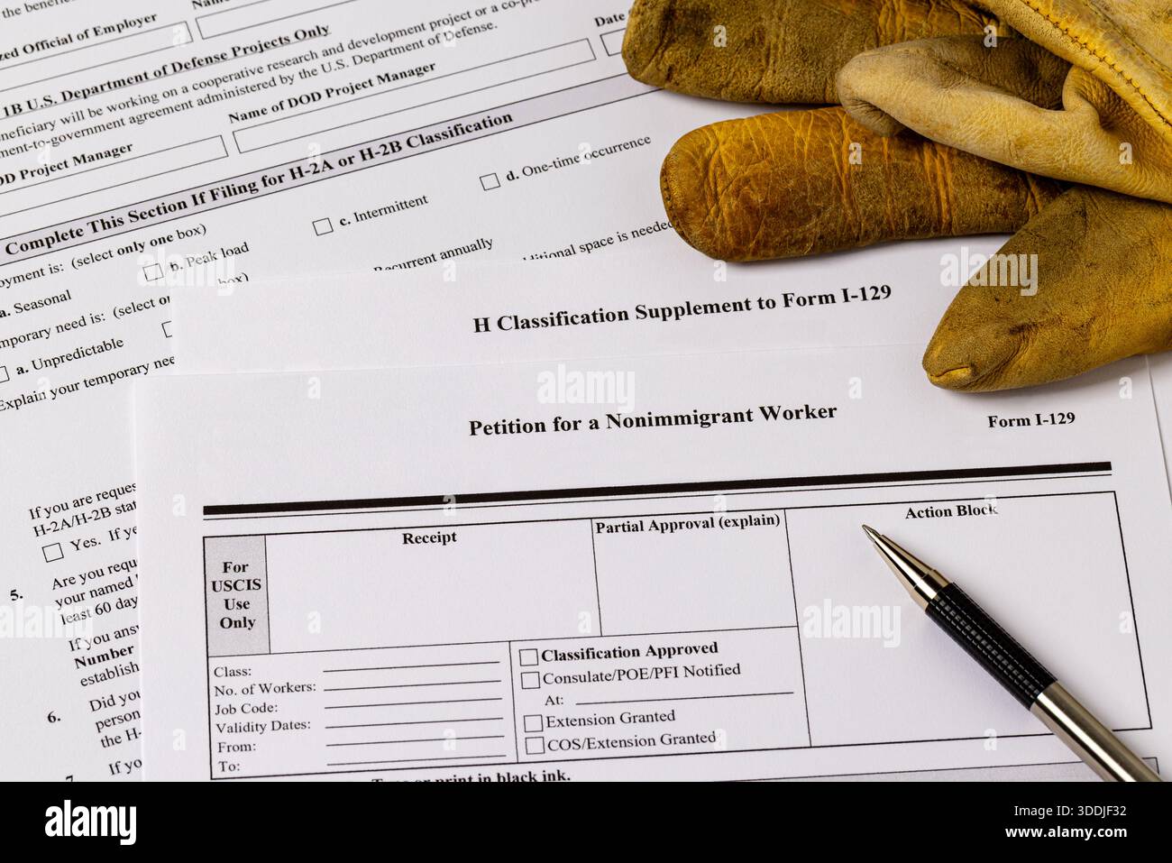 Dokumente zum Visumantrag für nicht eingewanderte Arbeitnehmer mit Arbeitshandschuhen. H-2A Zeitarbeiter in der Landwirtschaft, ausländischer Arbeiter in der Landwirtschaft in der Knappheit. Stockfoto