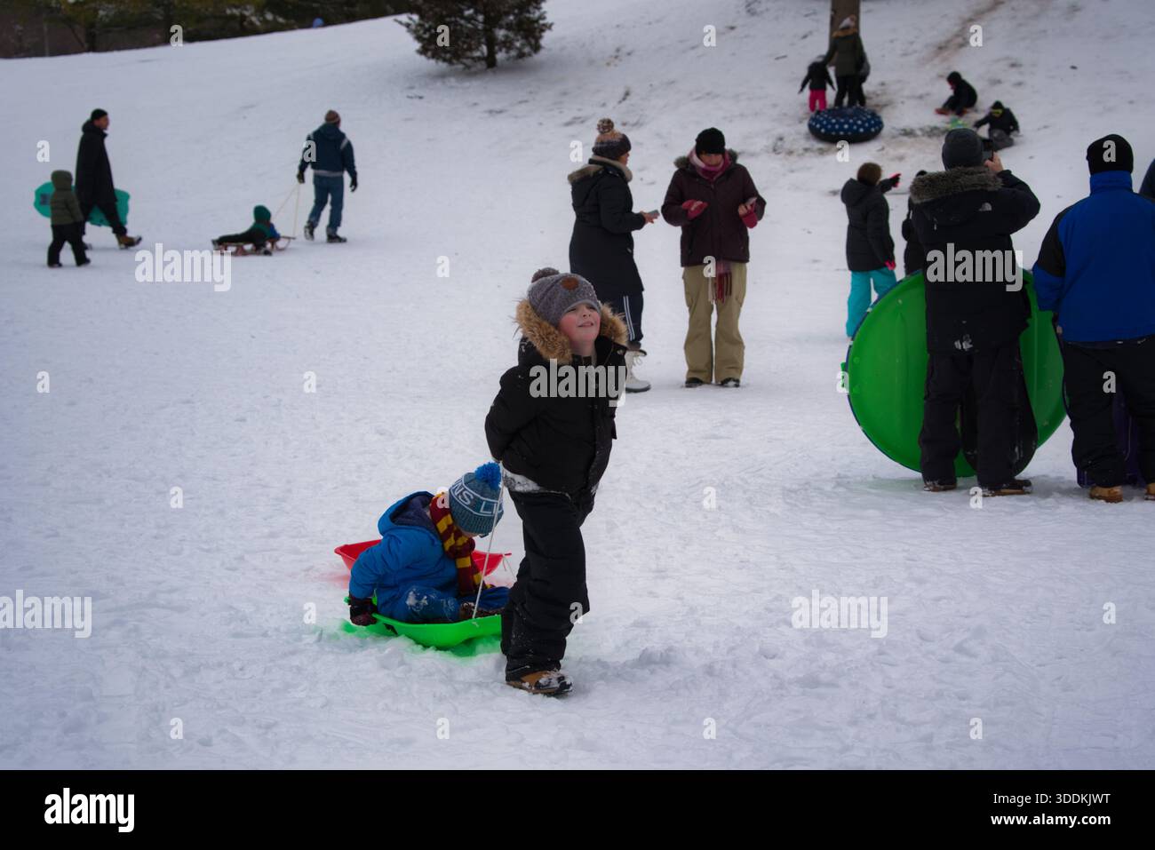 Eine Gruppe von Menschen, meist Kinder, genießt einen schneebedeckten Tag auf einem Schlittenberg, wobei einige aktiv Schlitten fahren und andere beobachten. Stockfoto