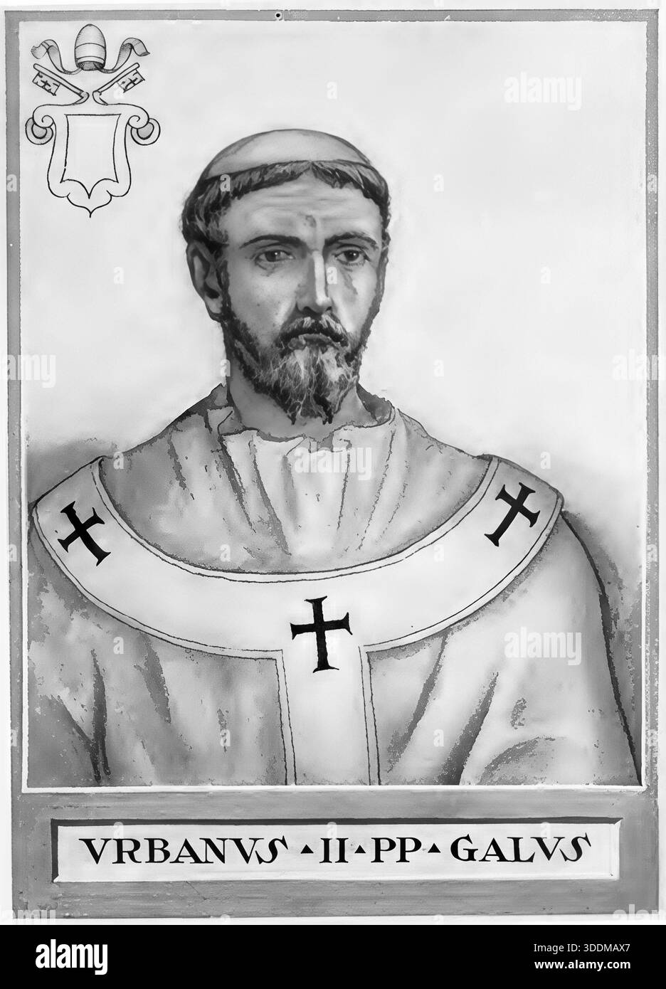 Urban II., früher Odo de Châtillon, Odo de Lagery oder Eudes de Châtillon, auch Eudes de Lagery, Otto von Lagery, Otto von Châtillon, Bischof Otto von Ostia (geboren um 1035 wahrscheinlich in Lagery oder Châtillon-sur-Marne, Königreich Frankreich, gestorben am 29. Juli 1099 in Rom, päpstliche Staaten)[1] war von 1088 bis 1099 römisch-katholischer Papst. Historische, authentische, digital restaurierte Reproduktion eines Originals aus dem 19. Jahrhundert. Das Datensatzdatum wurde nicht angegeben. Stockfoto