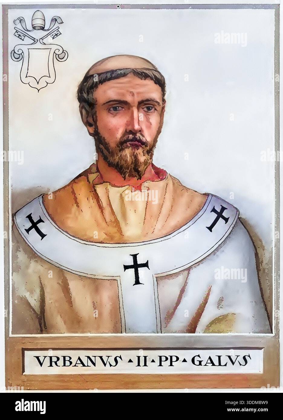 Urban II., früher Odo de Châtillon, Odo de Lagery oder Eudes de Châtillon, auch Eudes de Lagery, Otto von Lagery, Otto von Châtillon, Bischof Otto von Ostia (geboren um 1035 wahrscheinlich in Lagery oder Châtillon-sur-Marne, Königreich Frankreich, gestorben am 29. Juli 1099 in Rom, päpstliche Staaten)[1] war von 1088 bis 1099 römisch-katholischer Papst. Historische, authentische, digital restaurierte Reproduktion eines Originals aus dem 19. Jahrhundert. Das Datensatzdatum wurde nicht angegeben. Stockfoto