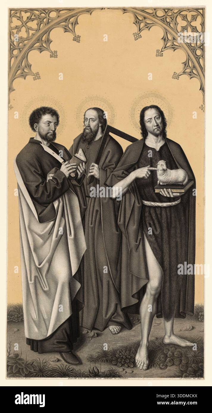 Die Heiligen Bartholomäus, Thomas und Johannes der Täufer oder Johannes der Evangelist, Apostel der biblischen Geschichte, historische, authentische, digital restaurierte Reproduktion eines Originals aus dem 19. Jahrhundert, Datum der Aufzeichnung nicht angegeben Stockfoto