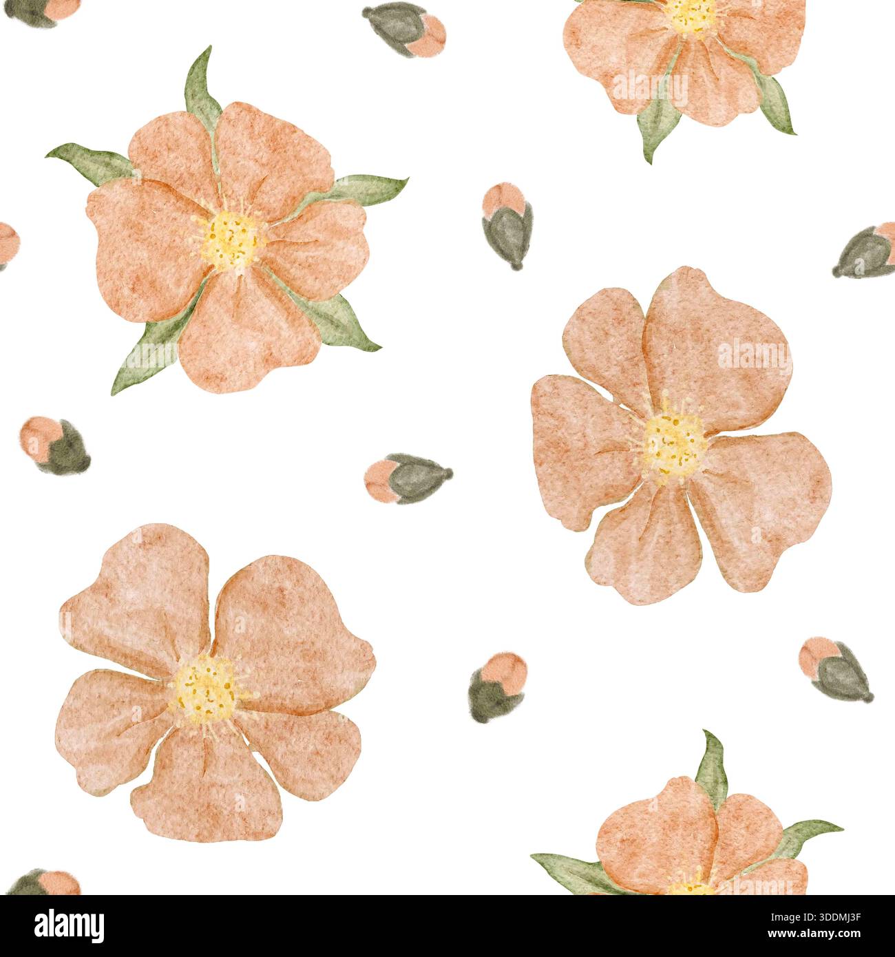 Nahtloses Blumenmuster in Aquarellen, kleine Pfirsichblüten auf weiß. Minimales botanisches Oberflächendesign für Modetextilien und Stoffdruck Stockfoto