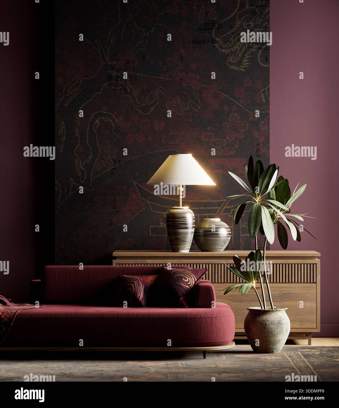 Ein modernes, dunkles, stimmungsvolles japandi-Interieur, in dem dramatische Umgebungsbeleuchtung, tiefe Farben und minimalistische Möbel zu einer raffinierten, intimen Atmosphäre vereinen Stockfoto