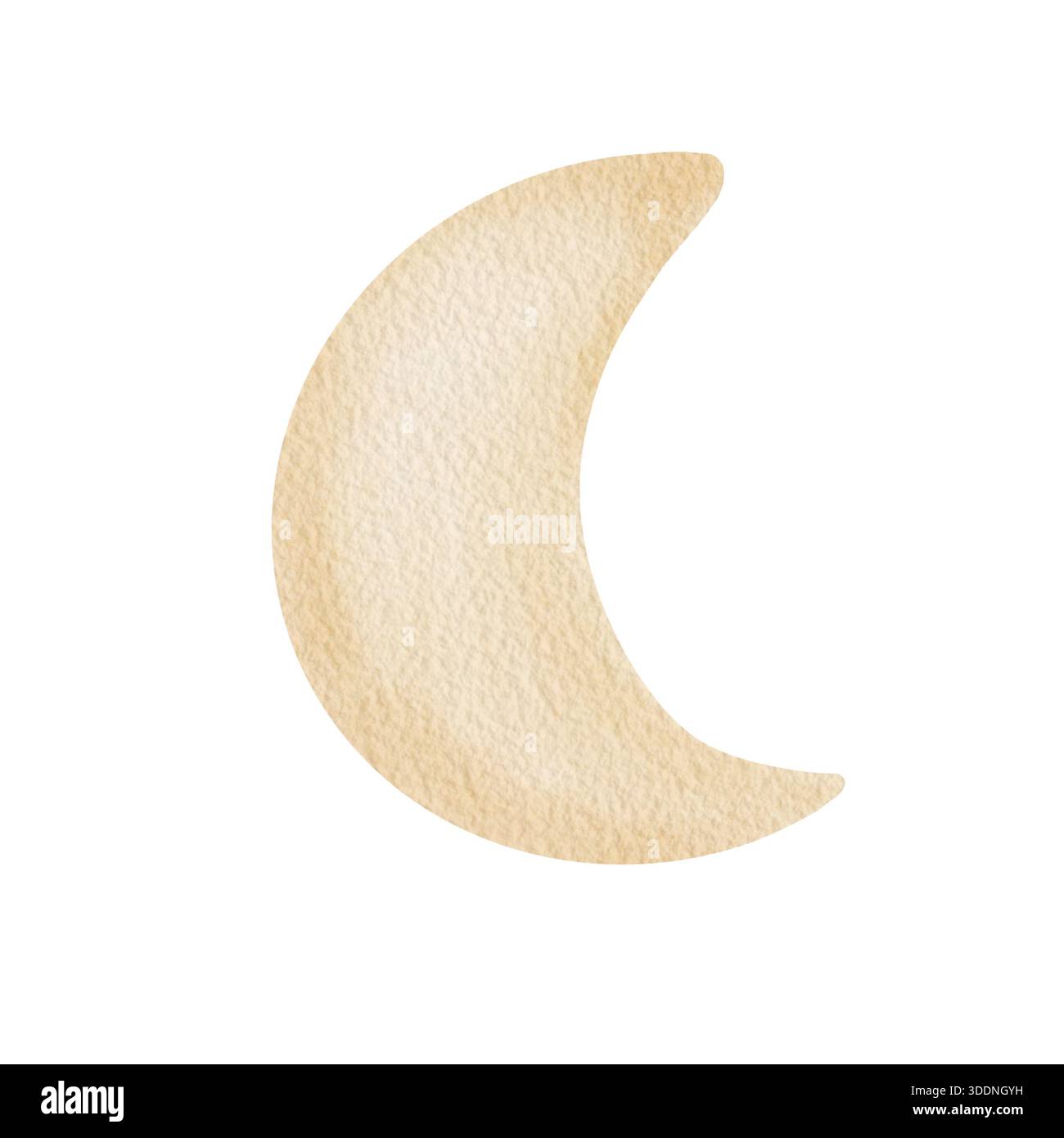 Illustration des Mondsichels in Aquarellfarbe. Geeignet für Kinderzimmer Dekor, Babygrußkarten, Nachtthema, gemütliche Feiertagssituation und ruhige Jahreszeit Stockfoto