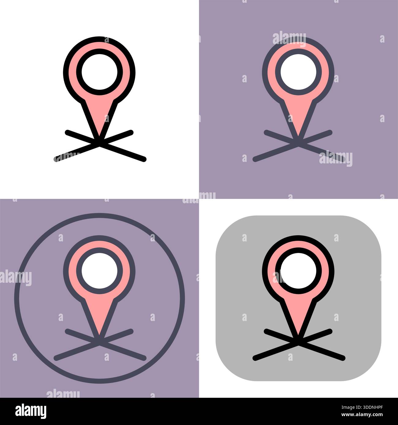 Dieses vielseitige Pin-Symbol-Set bietet vier Designvarianten – perfekt für Apps, Websites oder Branding im Zusammenhang mit Navigation, GPS oder Mapping. Th Stock Vektor