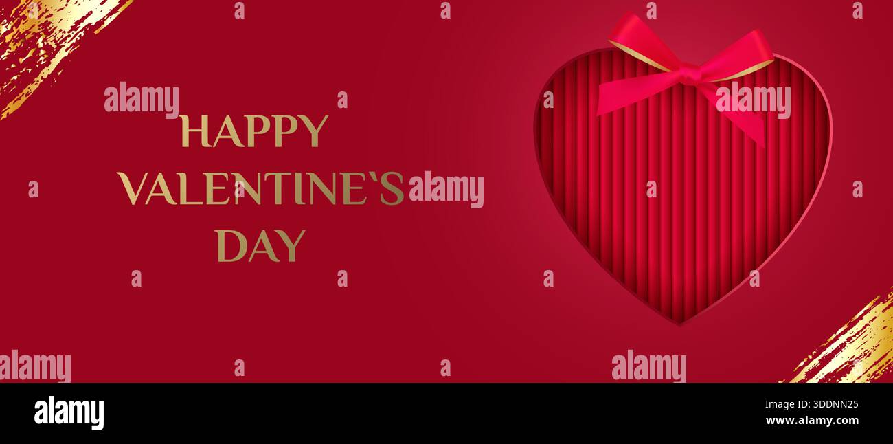 Horizontales Valentinstag-Banner. Ein Papierherz ausgeschnitten und mit einer Schleife verziert. Vorlage für Begrüßungen, Präsentationen und Rabatte. Stock Vektor