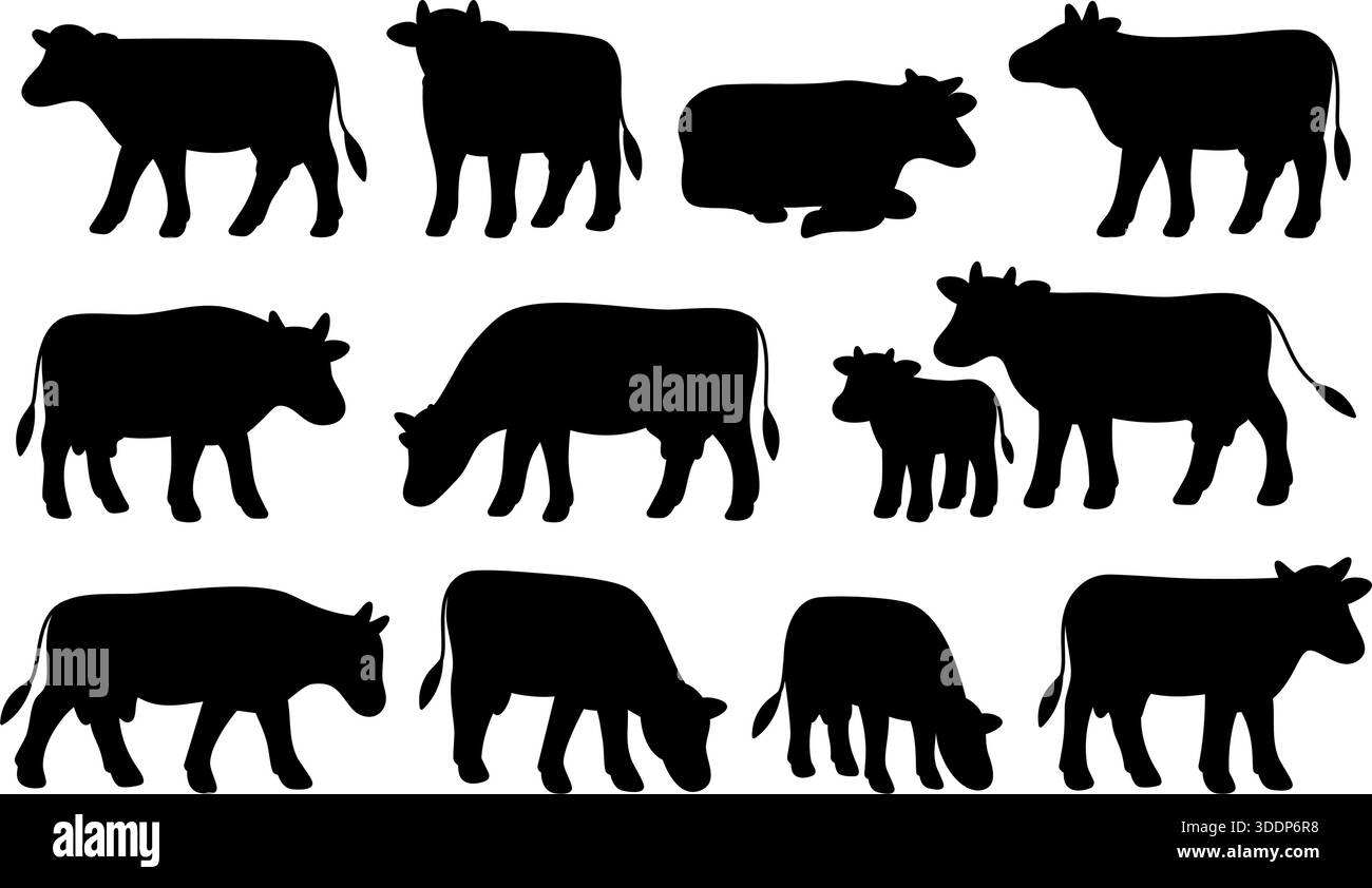 Silhouette Kuh Vektor Set. Minimale schwarze, feste Tierformen in verschiedenen Posen für Symbole, Stempel und einfaches Branding Stock Vektor