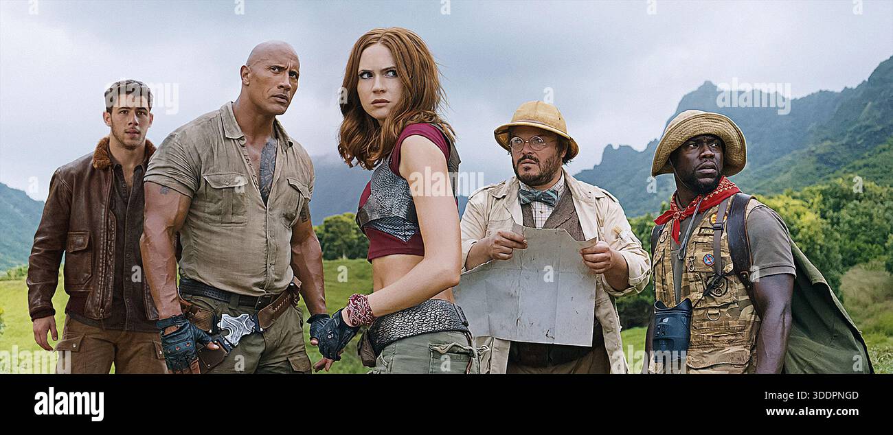 Jumanji Willkommen im Jungle Dwayne Johnson, Kevin Hart, Jack Black & Karen Gillan Stockfoto