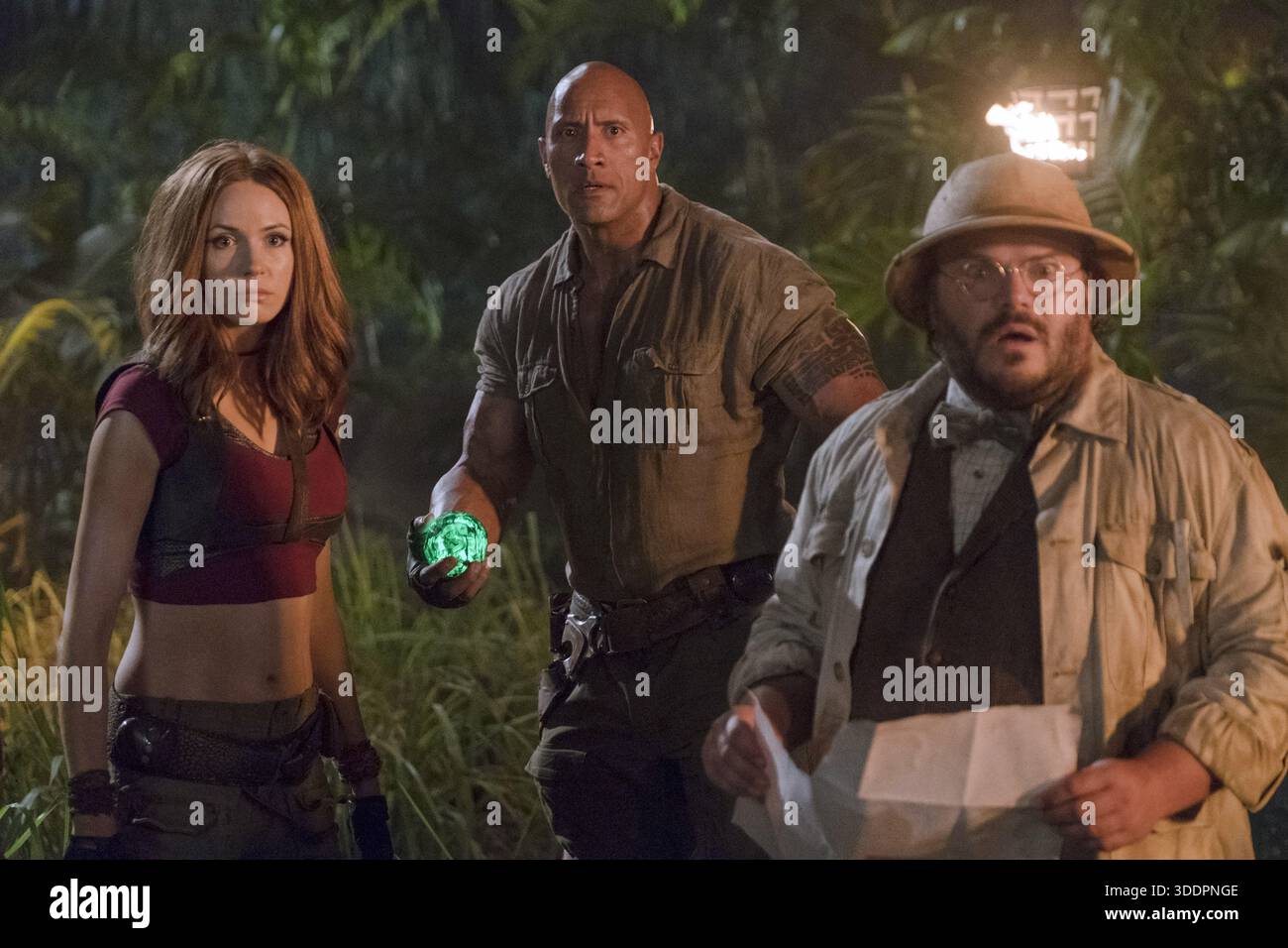 Jumanji Willkommen im Dschungel Dwayne Johnson, Jack Black & Karen Gillan Stockfoto