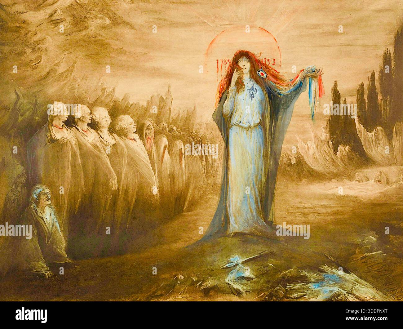 Georges Jules Victor Clairin (1843 1919) - Sarah Bernhardt in Theroigne de Mericourt (1908) - das Kunstwerk stellt die berühmte französische Schauspielerin Sarah Bernhardt als Personifikation der Freiheit dar. Die Jahre 1789 und 1793 sind im Hintergrund sichtbar und markieren den Beginn und das Ende der Französischen Revolution. Bernhardt hält eine Krone, die mit roten, weißen und blauen Bändern, den Farben der französischen Flagge, verziert ist. Stockfoto