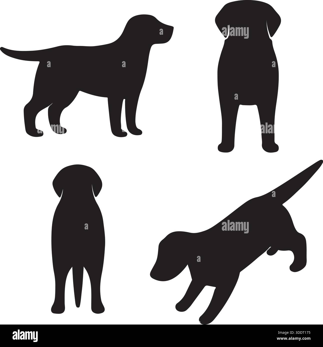 Big labrador Retriever Hund Silhouette Symbole setzen Seite, Vorder, Rückseite und Draufsicht Vektor Kunst Illustration Stock Vektor