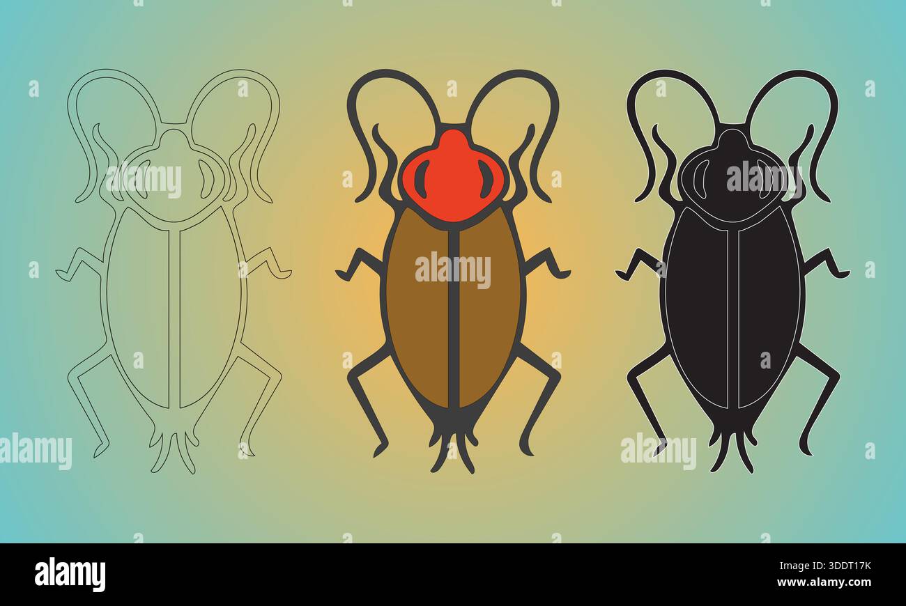 Drei Varianten einer Käfer-Illustration: Kontur, Farbe und Silhouette Stock Vektor