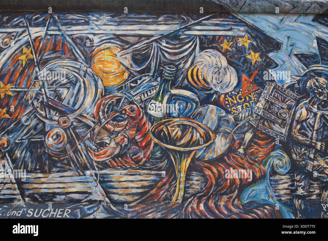 BERLIN-Deutschland-17. April 2025, Detail eines abstrakten, expressionistischen Wandgemäldes an der historischen Berliner Mauer in der East Side Gallery, Friedrichshai Stockfoto