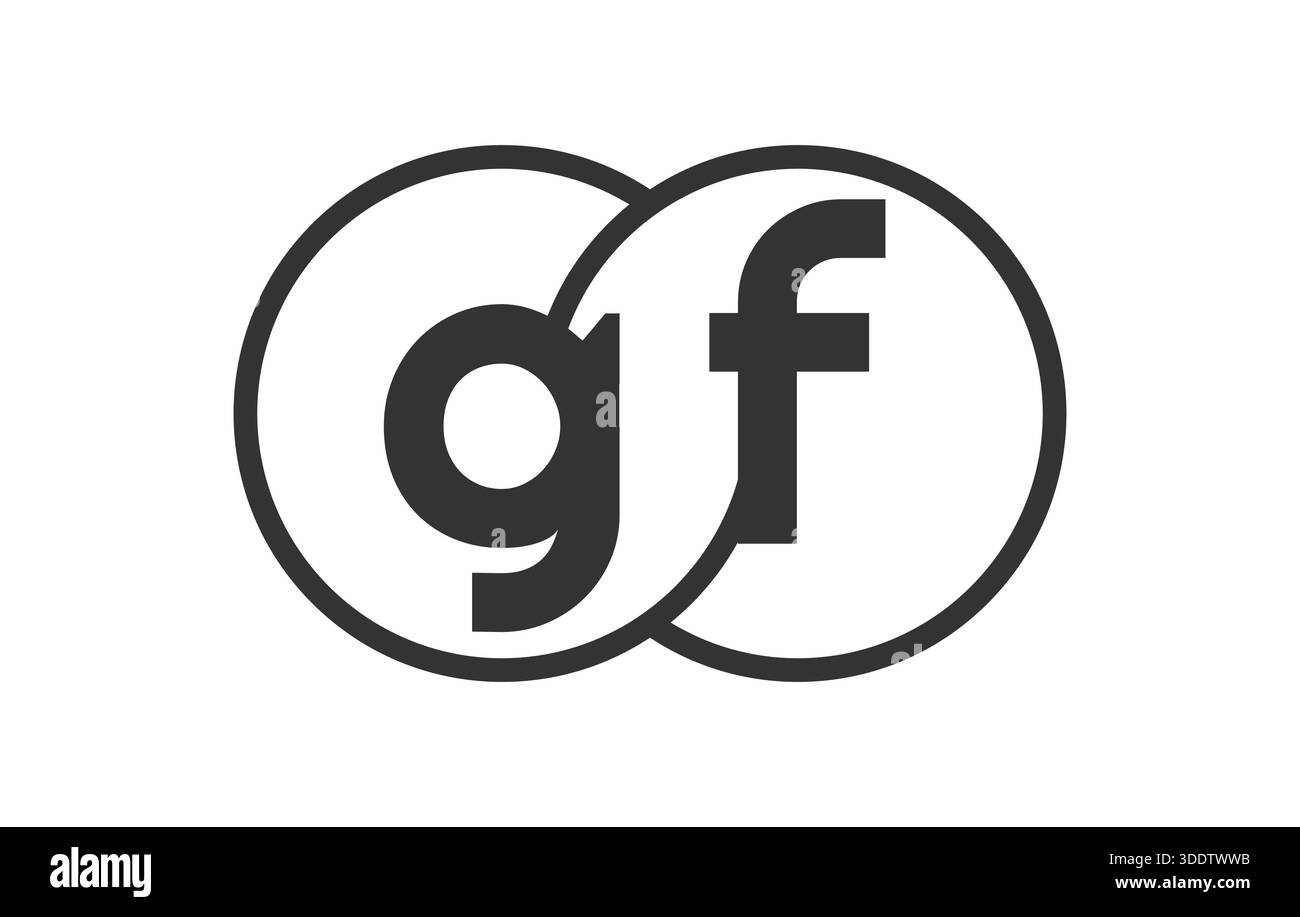 GF Firmenemblem mit Umrissrunden und Buchstaben g f f Logovorlage aus zwei zusammengeführten Kreisen für Markenidentität, Logotyp. Vektor-Unendlichkeit Symb Stock Vektor