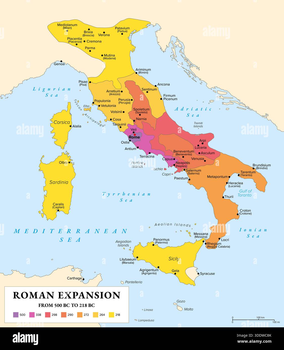 Römische Expansion Italiens, 500 v. Chr. bis 218 v. Chr., historische Karte. Erobern Sie die italienische Halbinsel durch Kriege. Stockfoto