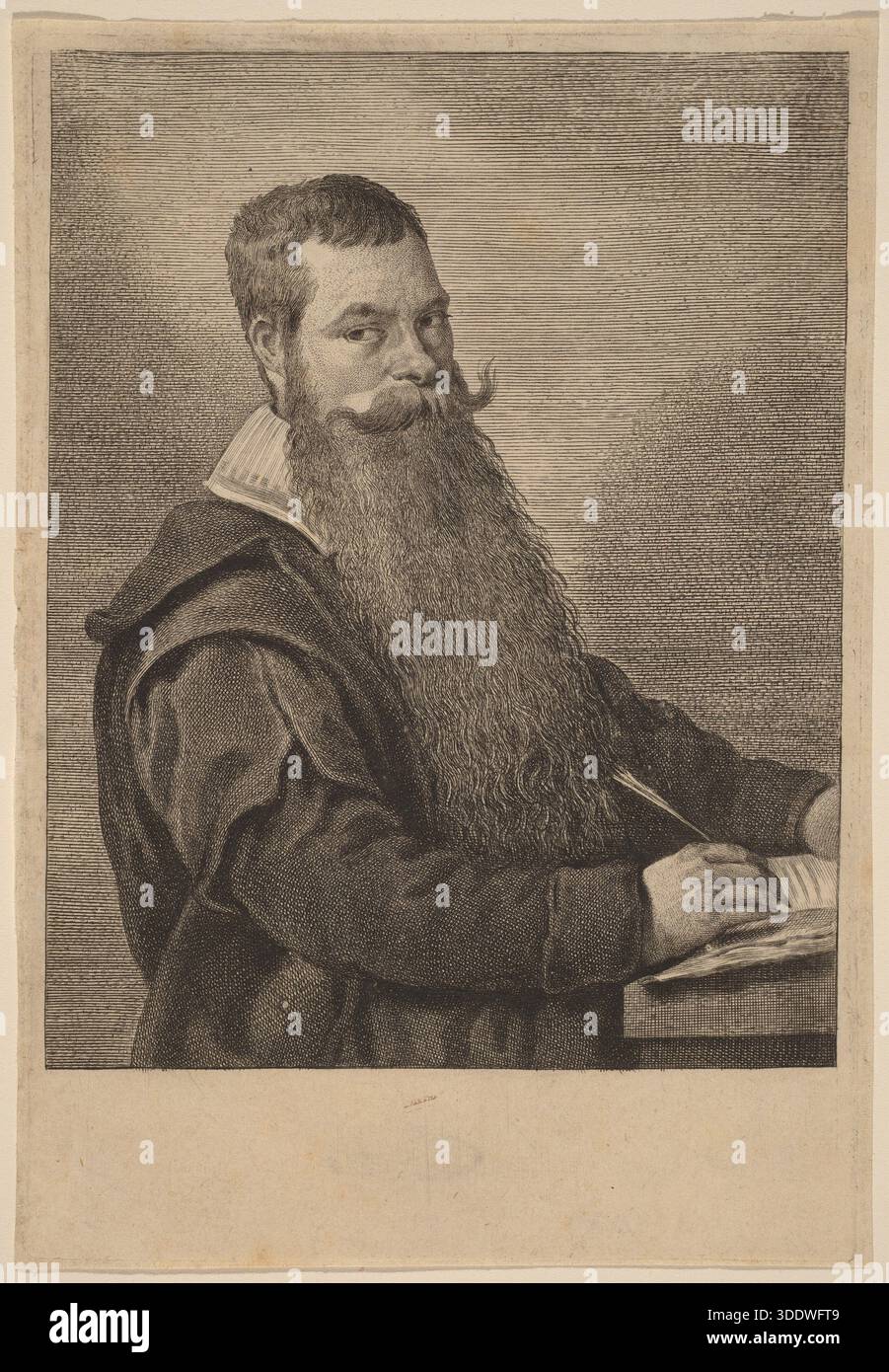 Porträt von Nicolas Bodding van Laer, eingraviert von Jonas Suyderhoff, zeigt den niederländischen Künstler mit einem Buch, in einem raffinierten Stilstich aus dem 17. Jahrhundert, datiert von 1639. Stockfoto