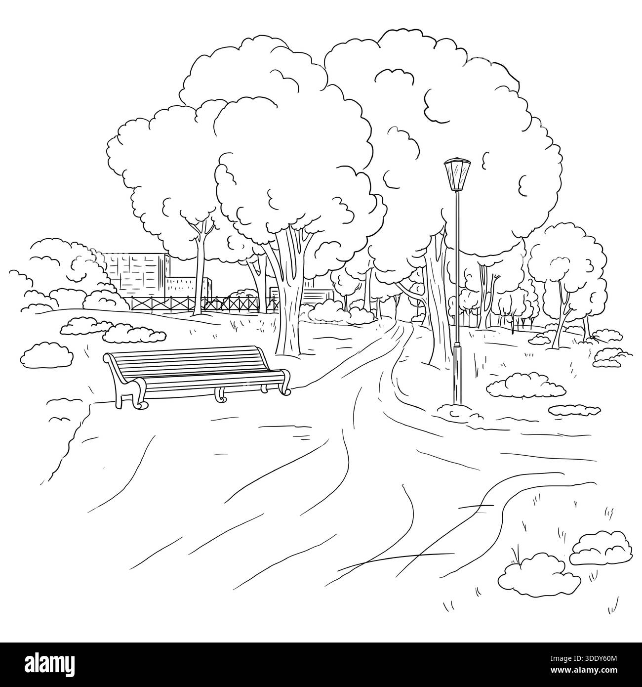 Ein gemütlicher alter Stadtpark, Gasse und Bank, Silhouetten von hohen Gebäuden und Bäumen, schwarz-weiße Skizze. Vektorabbildung. Stadtplatz, Laternen, Bu Stock Vektor