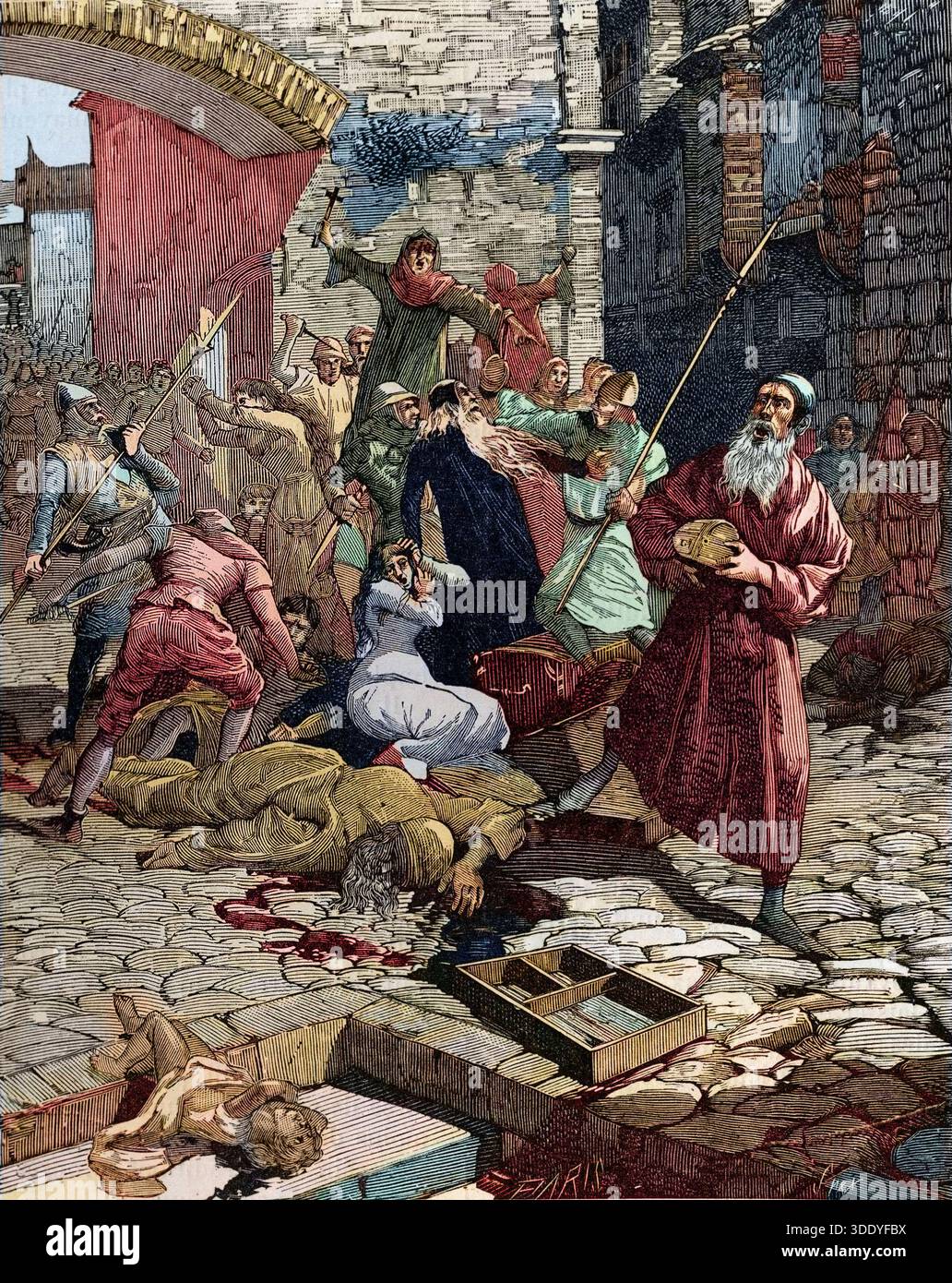 Vertreibung von Juden aus Frankreich im Jahre 1182 - Juifs depouilles de leurs biens et Chasses de France au 12eme siecle - gravure du 19eme siecle Stockfoto