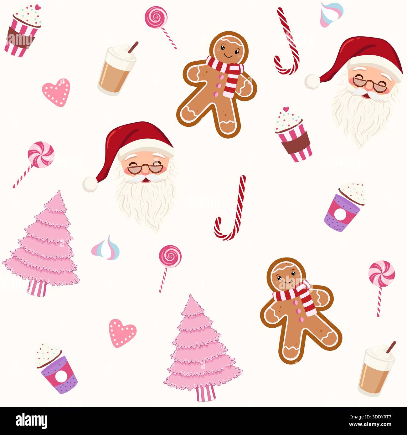 Ein festliches, nahtloses Muster mit bezaubernden Weihnachtselementen: Weihnachtsmann-Gesichter, Lebkuchenmänner, rosafarbene Weihnachtsbäume, Zuckerstangen, Lutscher Stock Vektor