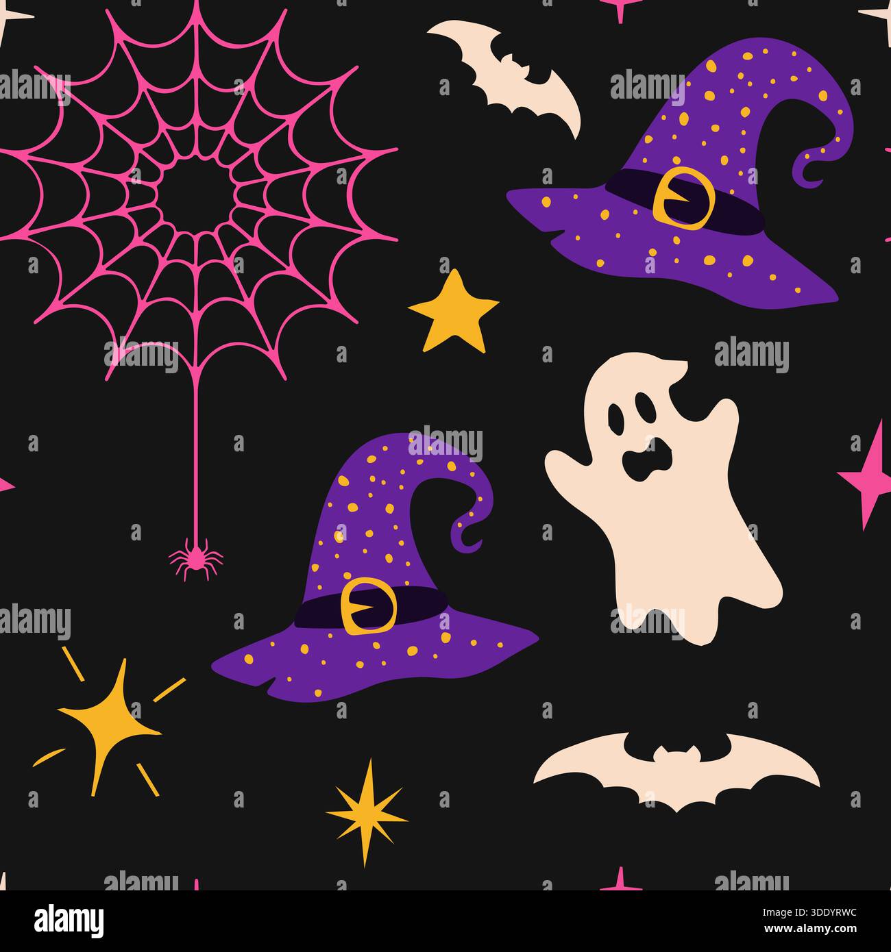 Ein lustiges, dunkles, nahtloses Muster mit sich wiederholenden niedlichen Geistern, lila Hexenhüten, rosa Spinnennetze mit Spinnen und fliegenden Fledermäusen, beleuchtet von Stock Vektor