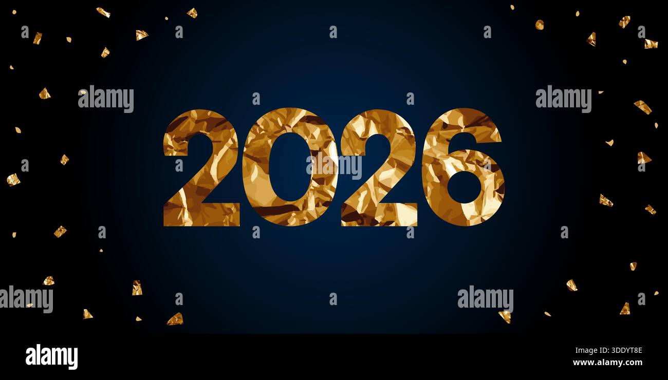 Das Jahr 2026 wurde in einer reichhaltigen, zerknitterten Goldfolie dargestellt, zentriert auf einem tiefen, dunkelmarineblauen Hintergrund, mit verstreuten Goldkonfetti Stock Vektor