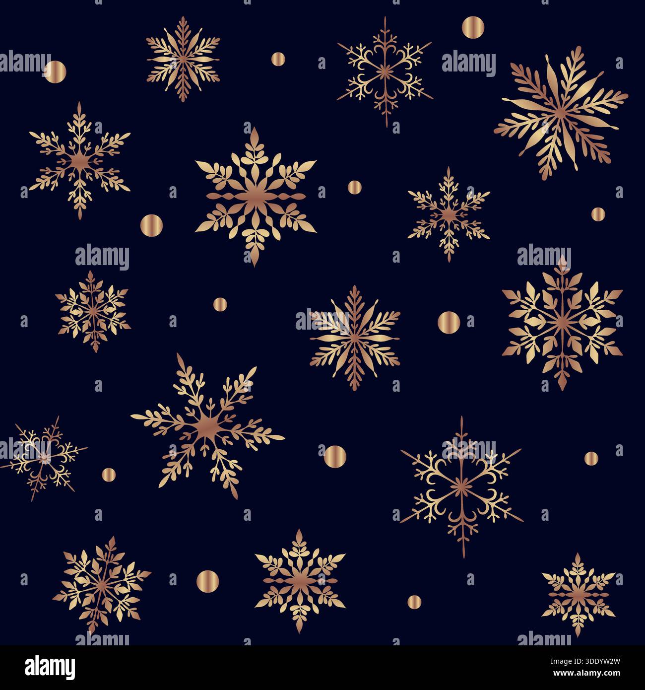 Ein raffiniertes, nahtloses Muster mit verschiedenen verzierten goldfarbenen Schneeflocken und metallischen Goldpunkten, die in einem tiefen marineblauen, fast blasigen Blau verstreut sind Stock Vektor