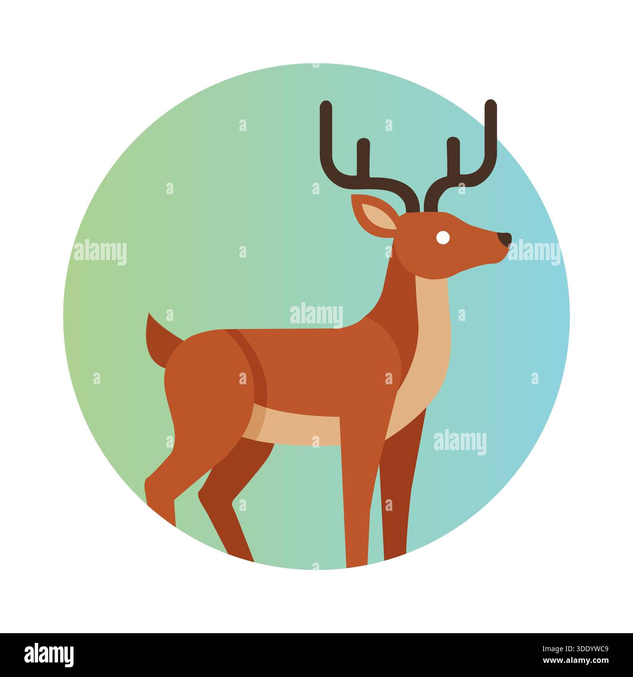 Eine moderne, minimalistische, flache Illustration eines braunen Hirsches oder Hirsches mit großen Geweihen, vor einem kreisförmigen Hintergrund aus Grün und Blau, Perfe Stock Vektor