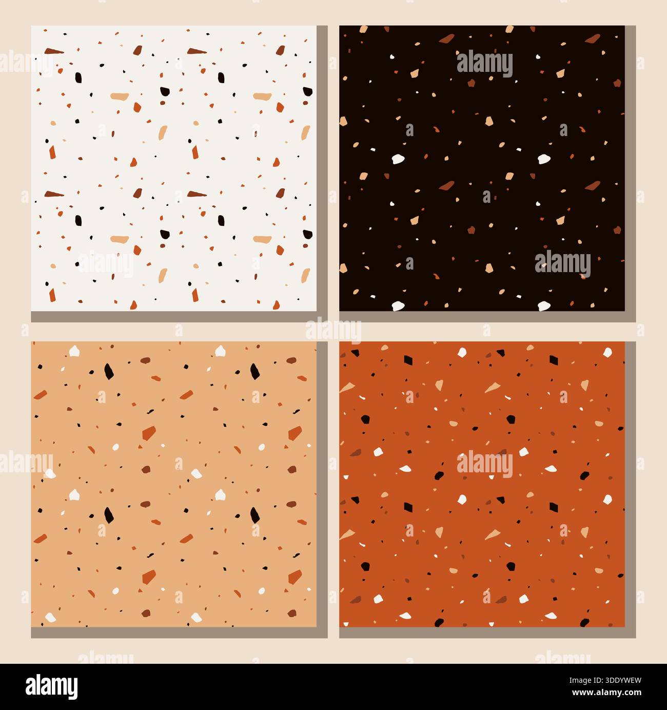 Eine stilvolle Kollektion aus vier nahtlosen Terrazzo-Mustern mit großen, auffälligen Fragmenten in Terrakotta, Schwarz, weiß und Orange, die gegen Kontrastfarben gesetzt sind Stock Vektor