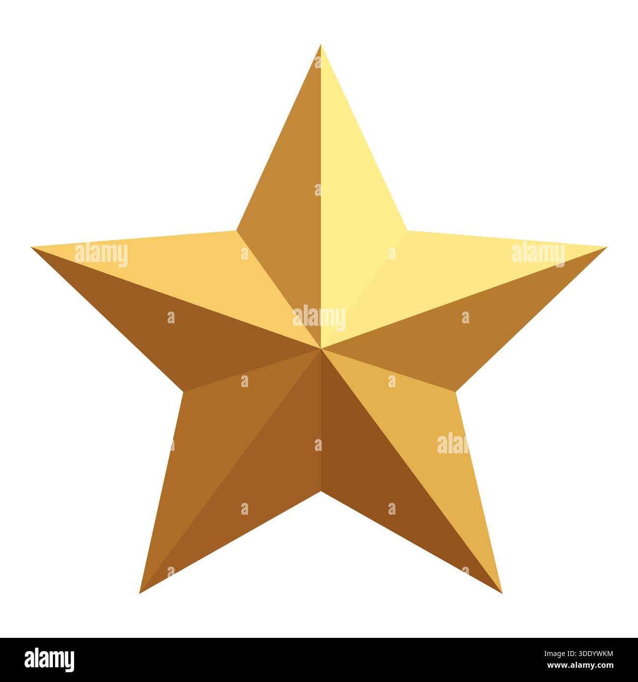 Ein klassischer fünfzackiger Stern, der in einem realistischen goldenen 3D-Stil gerendert wird. Seine facettierten Oberflächen fangen das Licht ein und sorgen für einen brillanten und luxuriösen Effekt per Stock Vektor