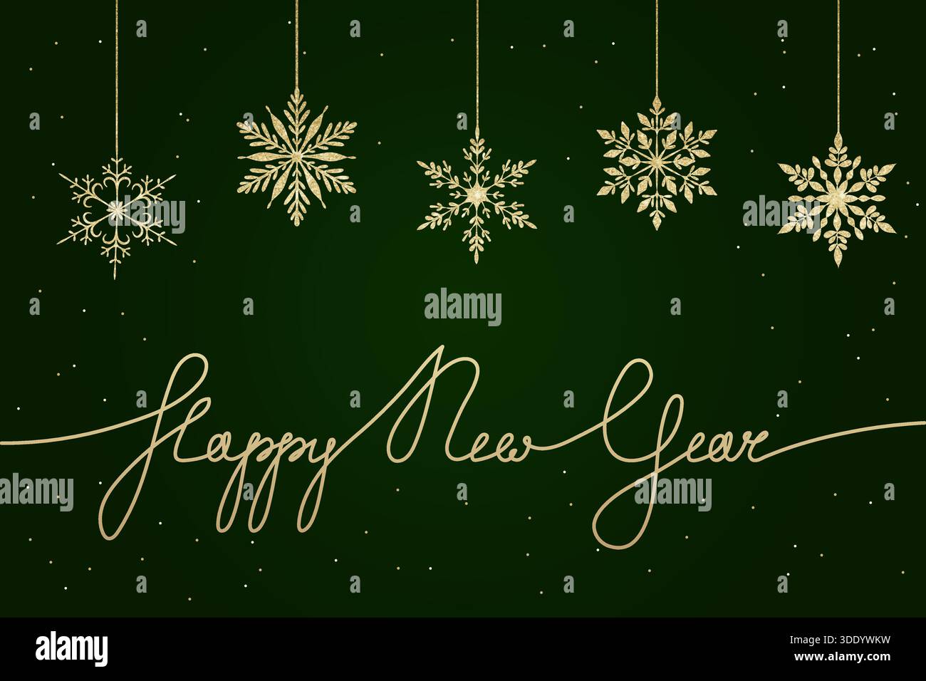 Eine luxuriöse Vektor-Illustration mit fünf hängenden, glitzernden Schneeflocken in Grün-Gold-Optik und einem Happy New Year-Schriftzug in einer durchgehenden Linie, se Stock Vektor