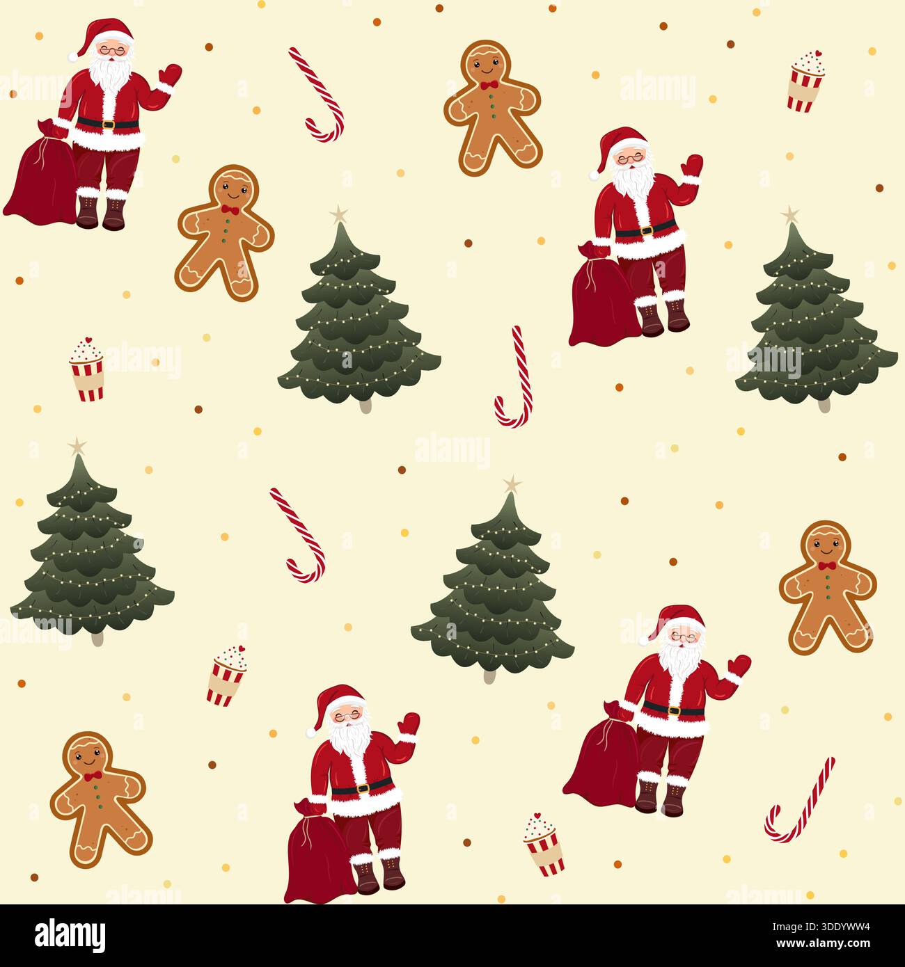 Ein entzückendes festliches, nahtlos wiederholtes Muster mit klassischen Weihnachtsfiguren und Elementen Weihnachtsmann Lebkuchen Männer Süßigkeiten Stöcke Cupcakes a Stock Vektor