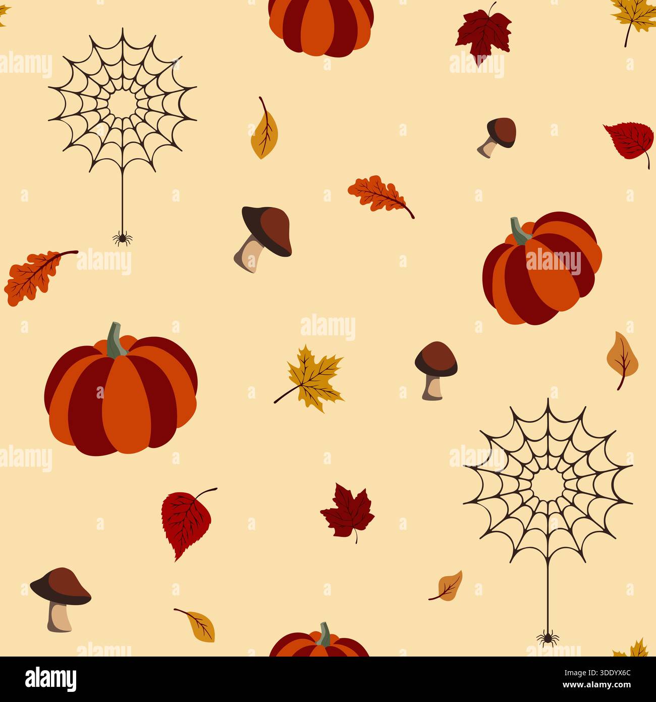 Ein entzückendes nahtloses Vektor-Muster mit wiederholten Elementen von Kürbissen, bunten Herbstblättern, Spinnennetzen mit kleinen Spinnen und Pilzen, Set ag Stock Vektor