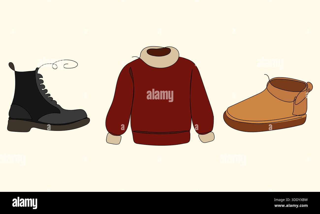 Eine minimalistische Illustration mit wichtigen Wintermodeartikeln: Ein robuster schwarzer Kampfstiefel, ein warmer rot-cremefarbener Rollkragenpullover und Stock Vektor