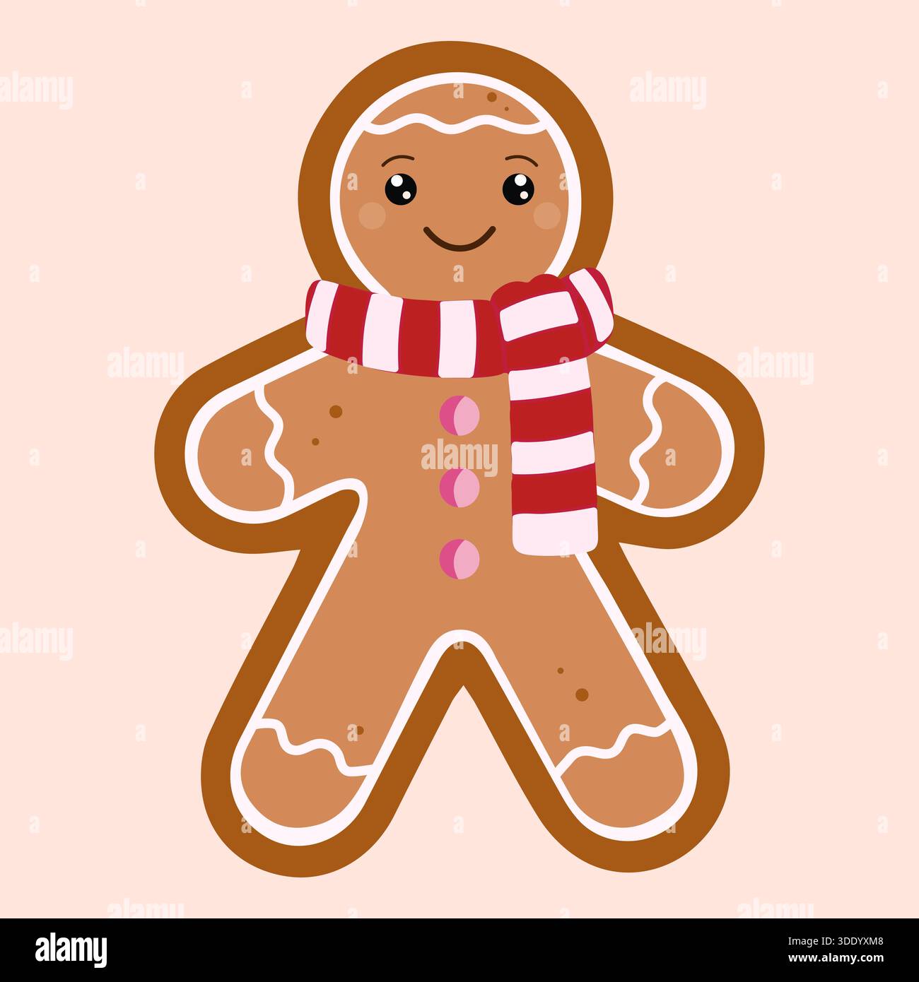 Eine bezaubernde Vektor-Illustration eines glücklichen Lebkuchenmanns Keks, verziert mit weißer Glasur, rosa Knöpfen und einem gemütlichen rot-weiß gestreiften Schal Stock Vektor