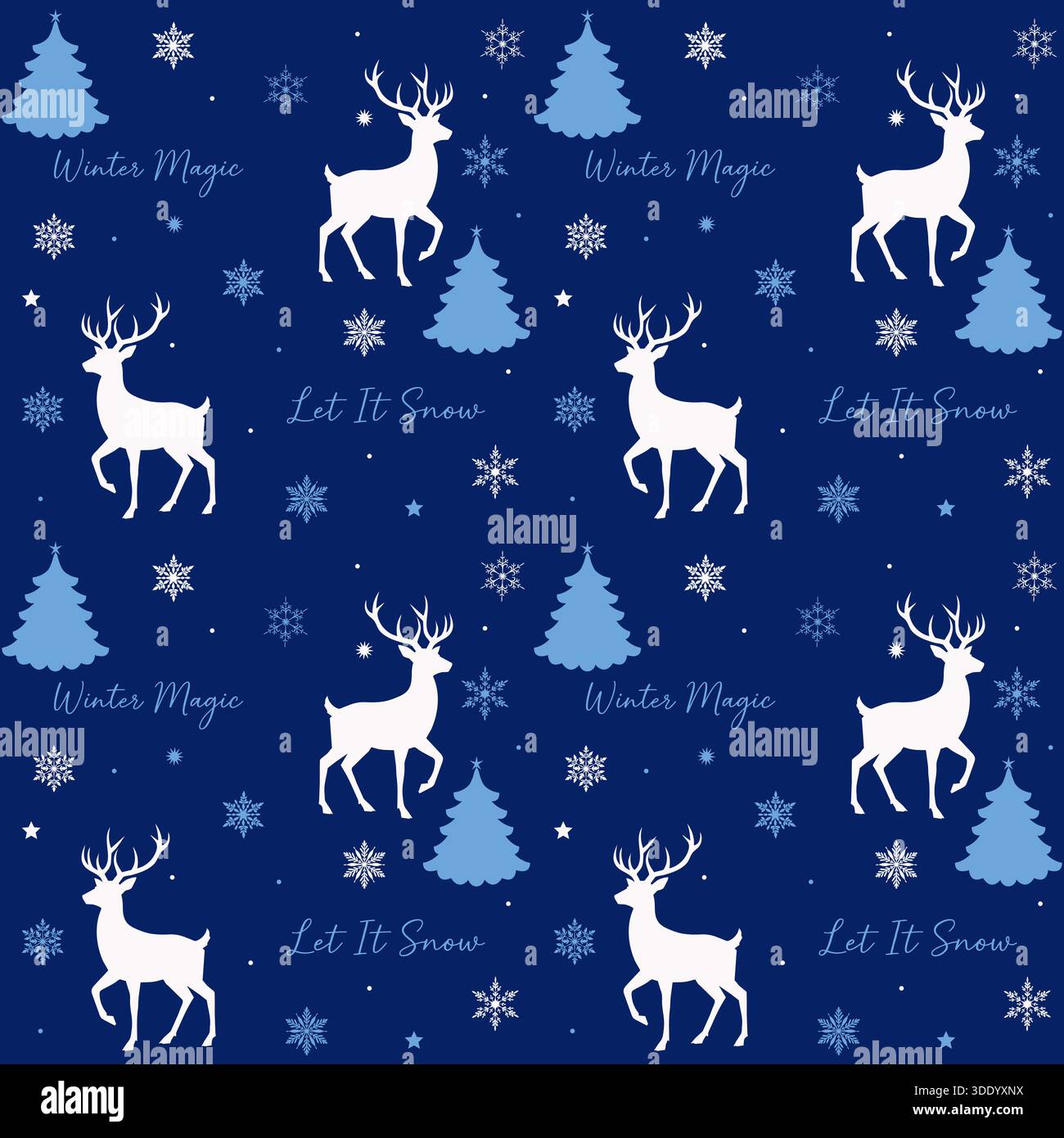 Ein kühles, nahtloses Wintermuster mit weißen Rentiersilhouetten, blauen Weihnachtsbäumen, verschiedenen Schneeflocken, Sternen und „Winterzauber“ und „Le“ Stock Vektor