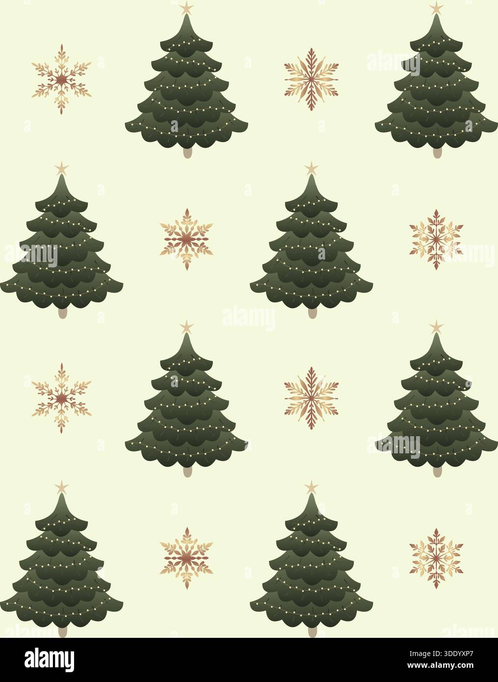 Ein warmes und gemütliches nahtloses Muster mit dunkelgrünen Weihnachtsbäumen, die mit Lichtern und goldenen Sternen dekoriert sind, im Wechsel mit Vintage-Stil, kompliziert Stock Vektor
